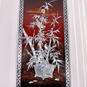 Vintage Mother of Pearl Inlay Lacquer Wall Panel Bamboo Birds Red Sunset Asian